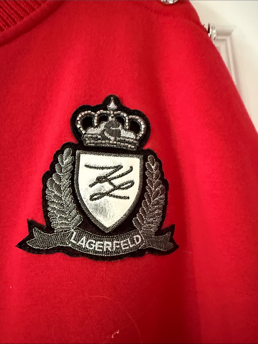 Karl Lagerfeld Red Crewneck Sweatshirt with Crest and Shoulder Buttons - Picture 3 of 11
